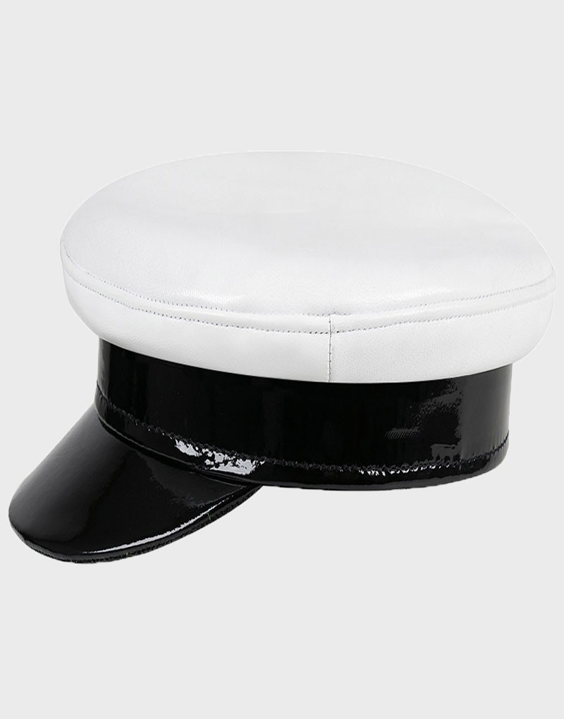 Black And White Cap Officer Captain Leather Hat