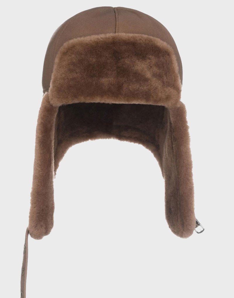 Sheepskin Brown Leather Aviator Trapper Fur Hat