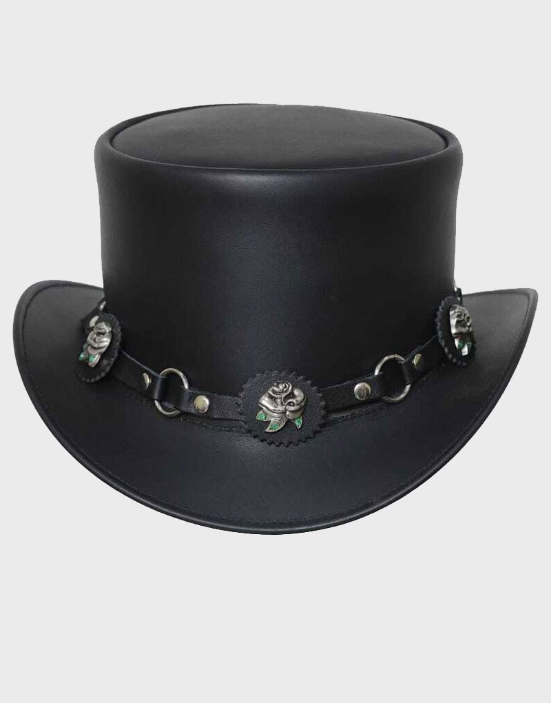 Steampunk Roses Band Black Leather Top Hat