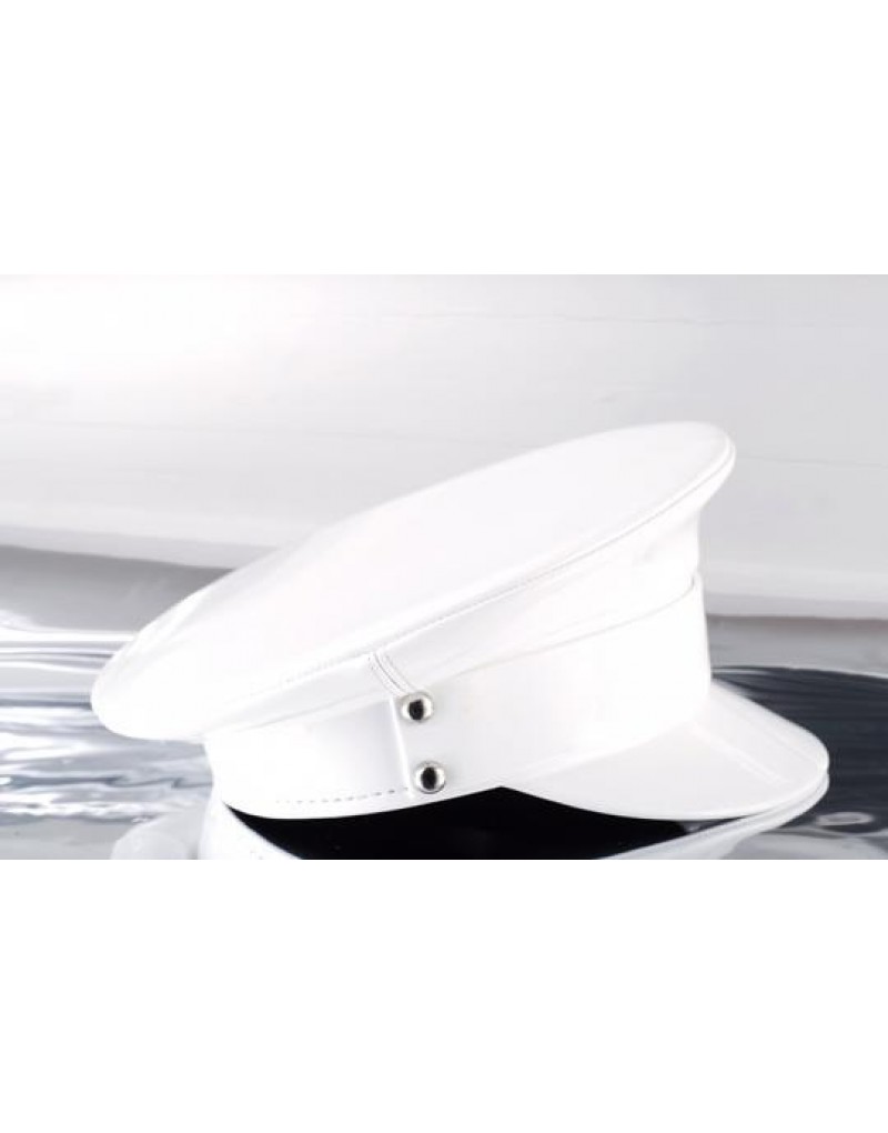 White Biker Leather Hat style Captain Cap