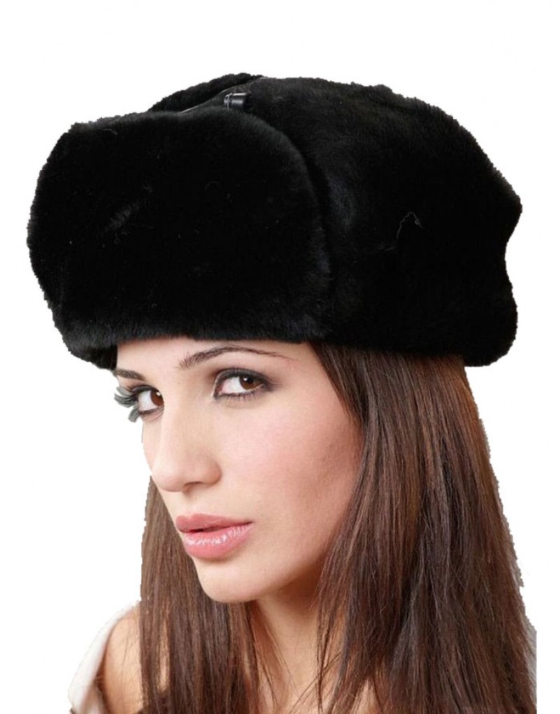 Women's Black Leather Sheepskin Russian Trapper Hat s