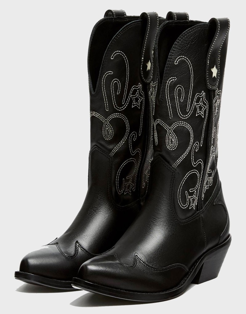 Women,s Western Boots Black Genuine Leather Cowgirl Boot Embroidery stitch 