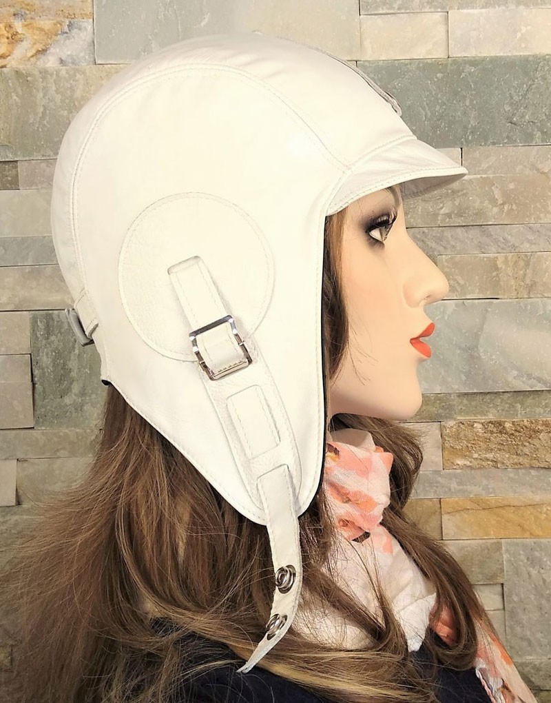 Women White Leather Helmet hat Steampunk Pilot Cap